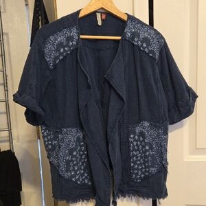 Blue Denim Kimono Jacket with Floral Accents